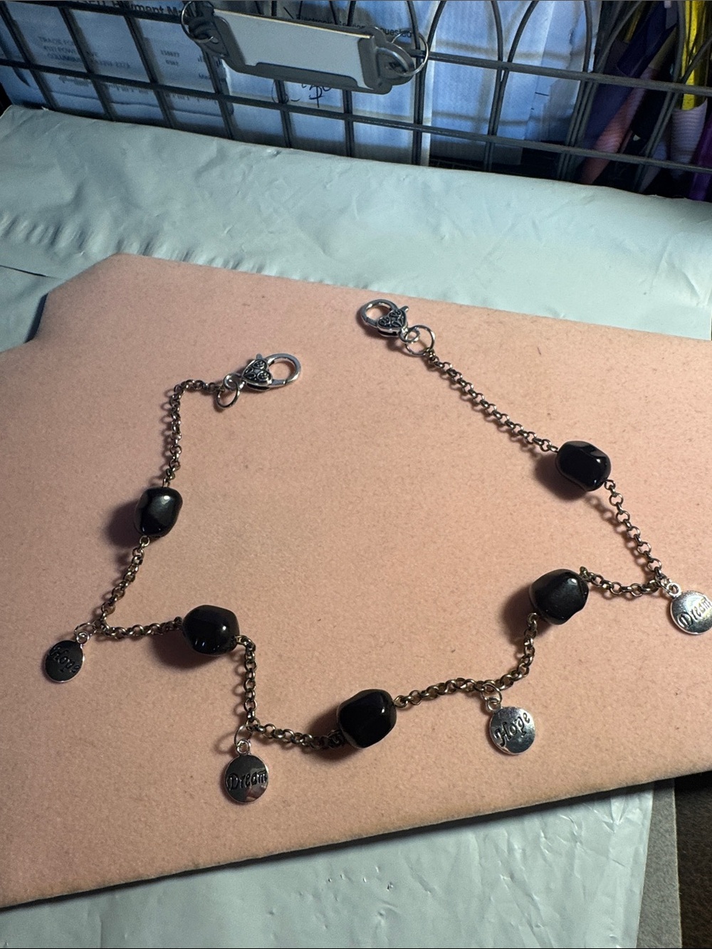 Hand Crafted Black Beaded Purse Charm with Silver-Tone Charms